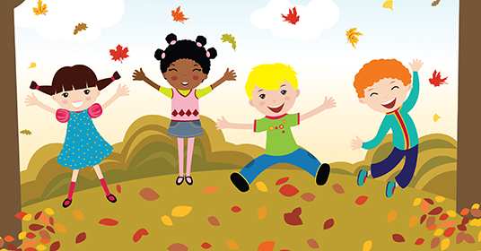 graphic of happy boys and girls jumping with leaves falling