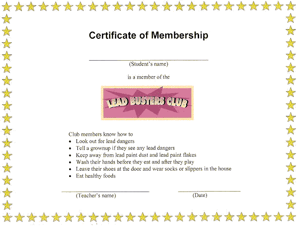 Lead Busters Club Certificate