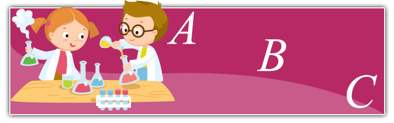 cartoon, girl and boy scientists using beakers, and the letters ABC