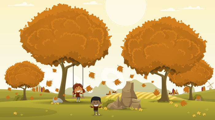 Kids playing as the golden leaves fall from the trees. One girl is on a swing while another boy enjoys the afternoon sun.