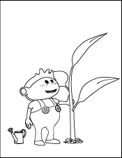 Coloring Book Page - A Drawing of a Little Boy Watering a Plant