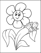 Coloring Book Page - A Drawing of a Happy Cartoon Flower Growing and a Butterfly