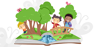 graphic of kids popping out of a book in spring environment