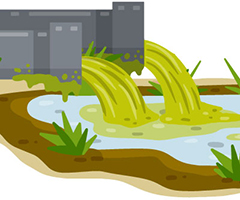 graphic of green water flowing from 2 gray pipes into a small pond