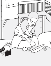 Coloring Book Page - A Drawing of a Child Playing in a Sandbox with a Shovel in His Hand