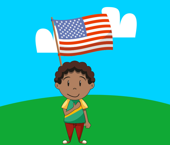 boy with hand on chest near flag