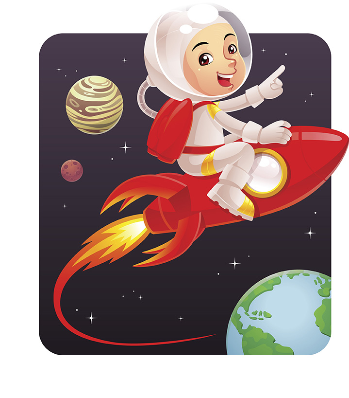 kid on a rocket in outer space