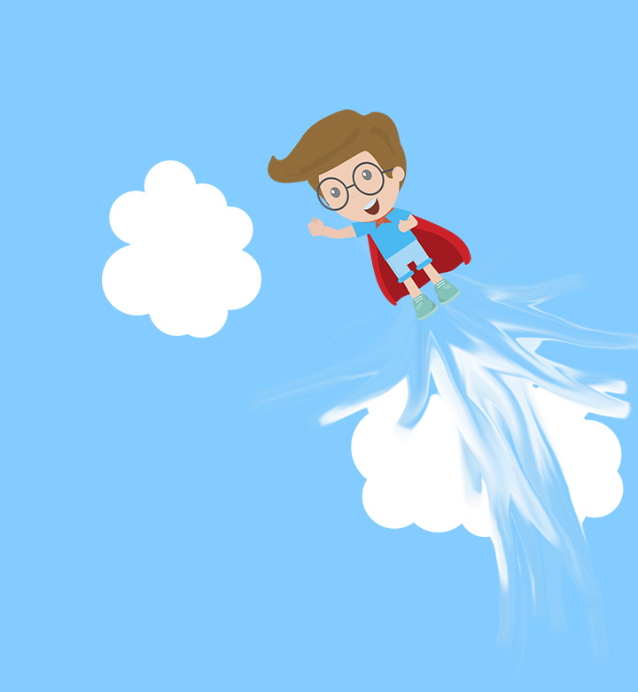 kid blasting through a cloud flying in the sky