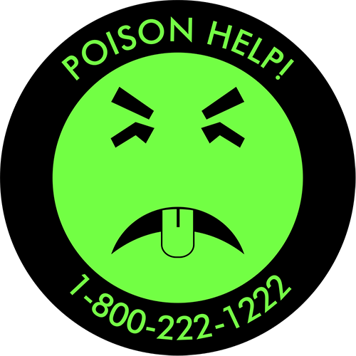 A green smiley face that isn't very smiley. Mr Yuk has a disgusted look on his face and a helpful phone number for poison help: 1-800-222-1222
