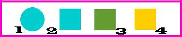 turquoise circle, turquoise square, green square, yellow square