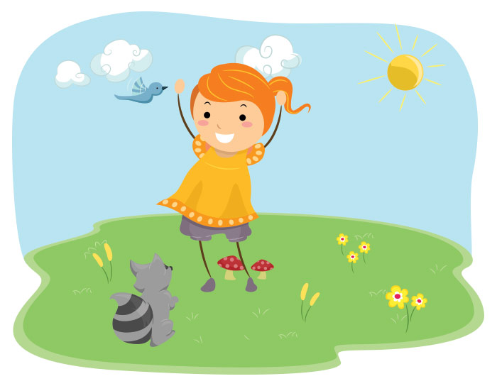 Illustration of a girl playing in a field with a bluebird 