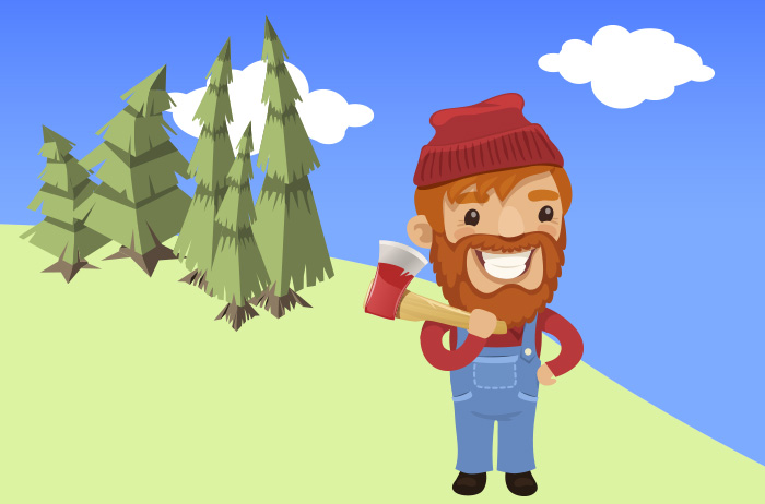 Cartoon Lumber jack in the woods holding his bright red ax on a sunny summer day