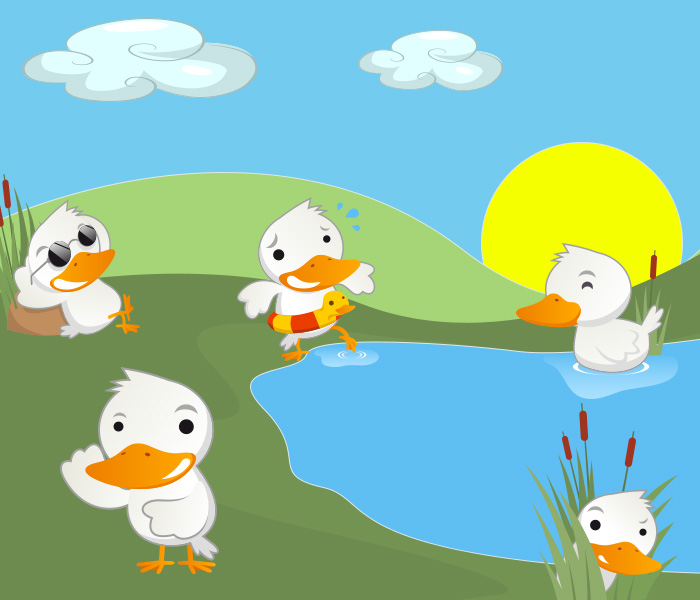 five little ducks playing, swimming in the sun 
