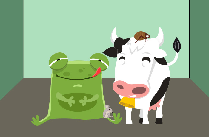 A mouse on the knee of a frog and a cow with a flee on his head sitting together after a tiring dance