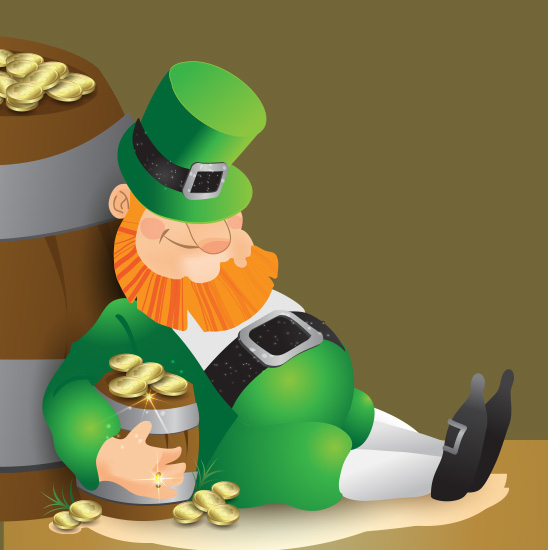 leprechaun sitting down holding a barrel of gold coins