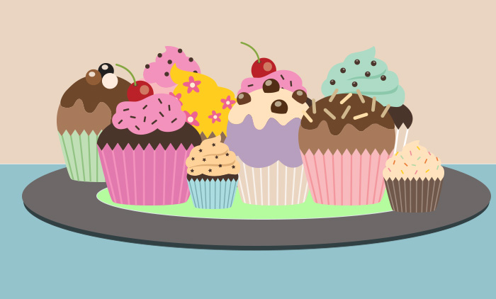 Delicious cupcakes of all sizes, shapes and flavors. Some with cherries on top and some with sprinkles. All of them delicious and sugar filled