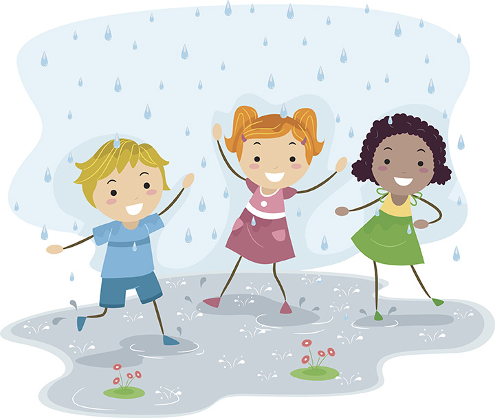 3 kids playing in the rain