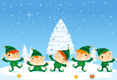 Elves Dance in the Snow Near Christmas Trees
