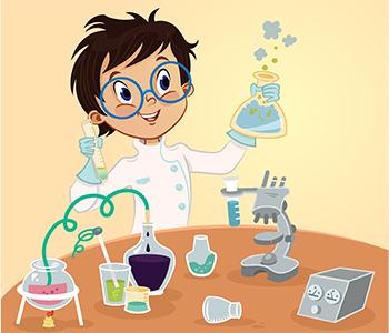 Young scientist with test tubes and beakers