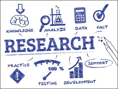 Research poster depicting knowledge, analysis, data, facts, practice, testing, development and support