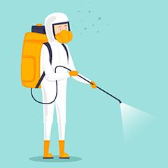 cartoon image of man in a hazmat suit and backpack tank holding a spraying wand